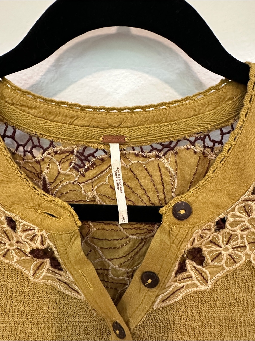 Free People Reed Green Lace Yoke Henley Top - Picture 3 of 8